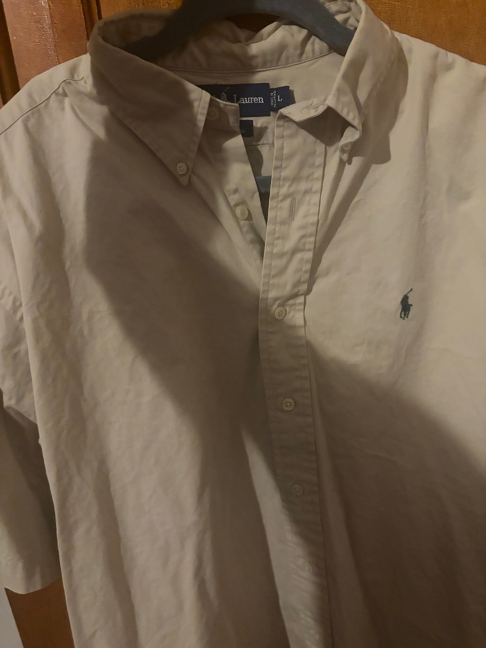 Ralph Lauren Short Sleeve Button-Down Shirt in Light Cream with Teal Pony